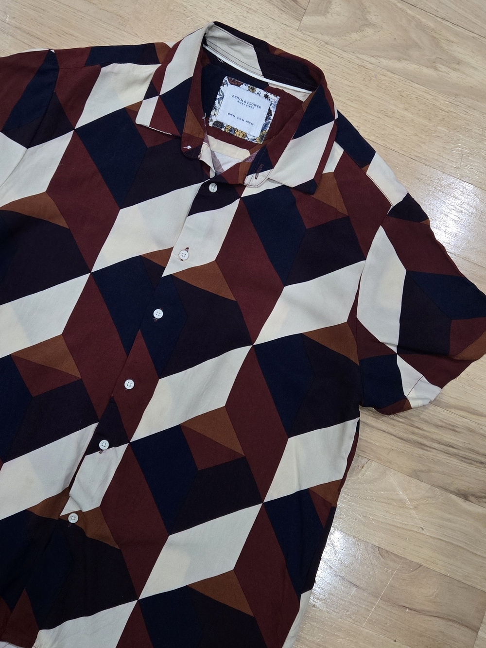 Denim & Flower Geometric Button-Down Shirt in Cream, Brown & Maroon